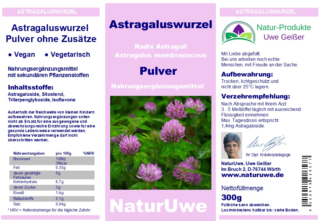 Astragalus Membranaceus Pulver Tragant 300 g Dose NaturUwe